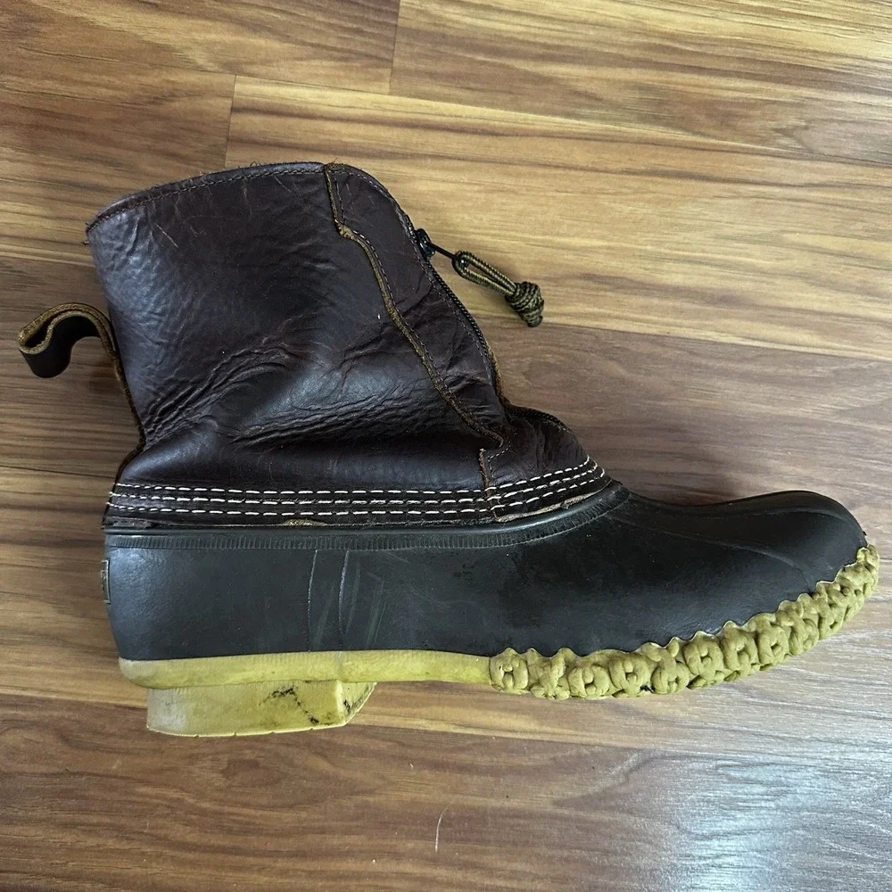 LL Bean Duck Boot Mens Size 10 Brown Leather Flannel Lined Zip Up Made USA Maine